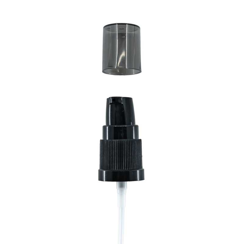 Schwarze Kunststoffpumpe für Lotion, rauchfarbene Überkappe, 18/415
