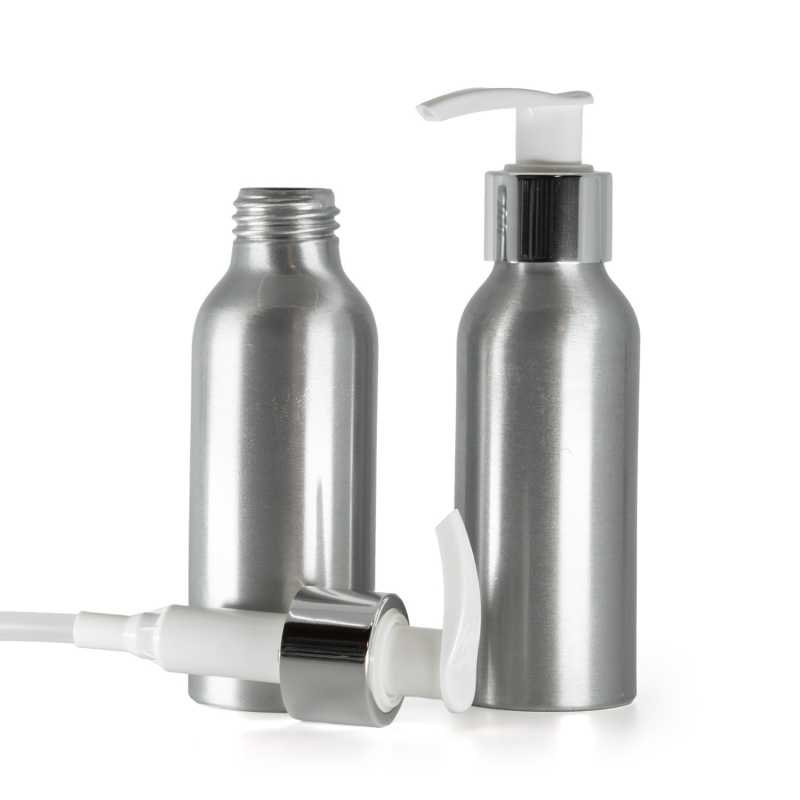 Aluminiumflasche, weiße Lotionpumpe mit glänzendem Silberkragen, 100 ml
