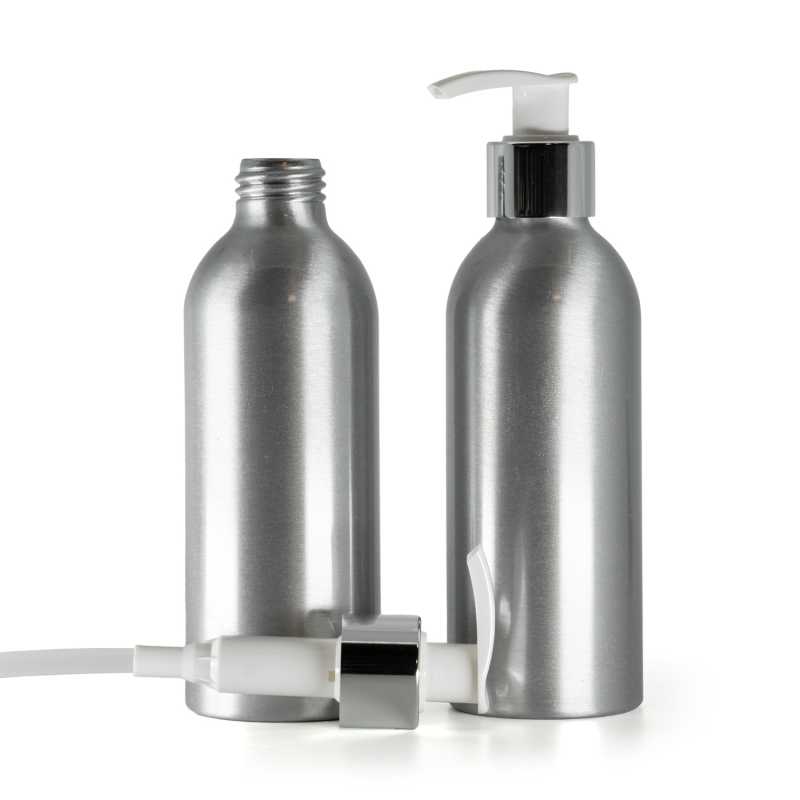 Aluminiumflasche, weiße Lotionpumpe mit glänzendem Silberkragen, 200 ml