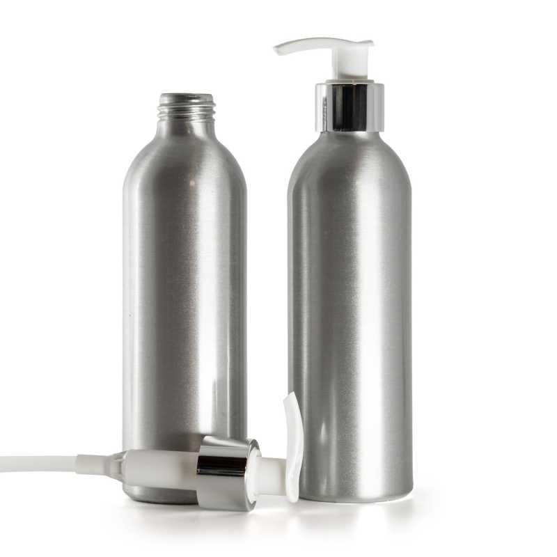 Aluminiumflasche , Weiße Lotion-Pumpe mit glänzendem Silberkragen, 225 ml