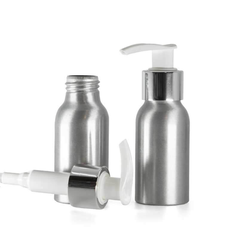 Aluminiumflasche, weiße Lotionpumpe mit glänzendem Silberkragen, 50 ml