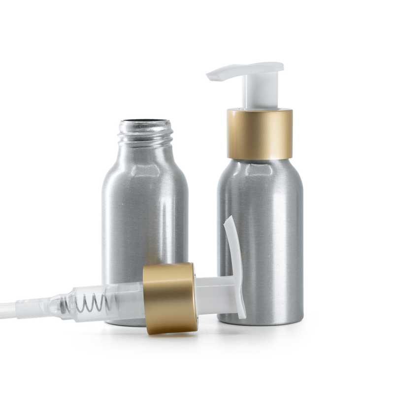 Aluminiumflasche, weißer Spender mit mattem Goldring, 50 ml