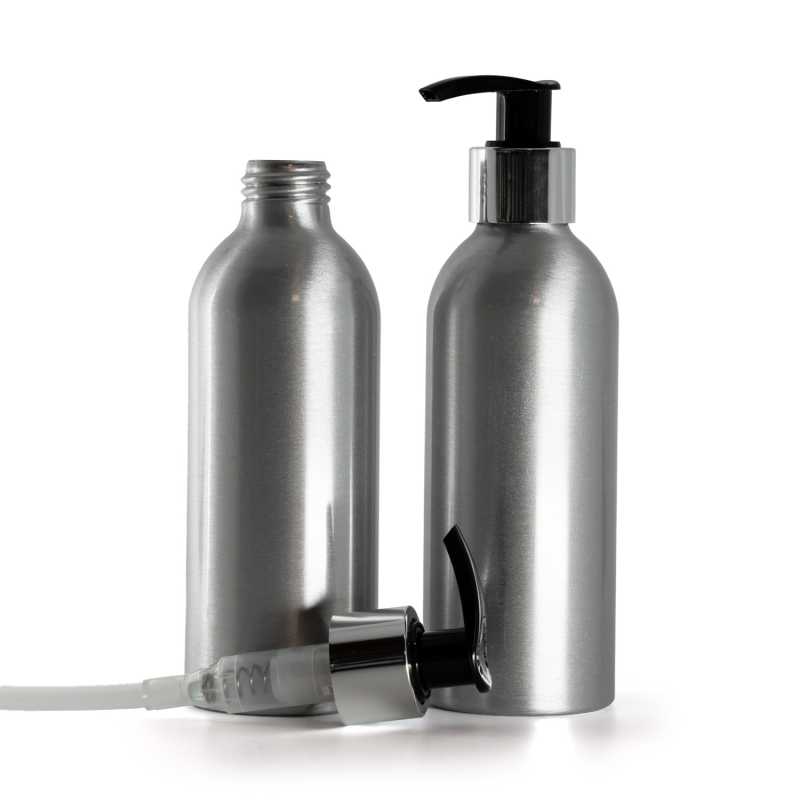 Aluminiumflasche, schwarze Lotion-Pumpe mit glänzendem Silberkragen, 200 ml