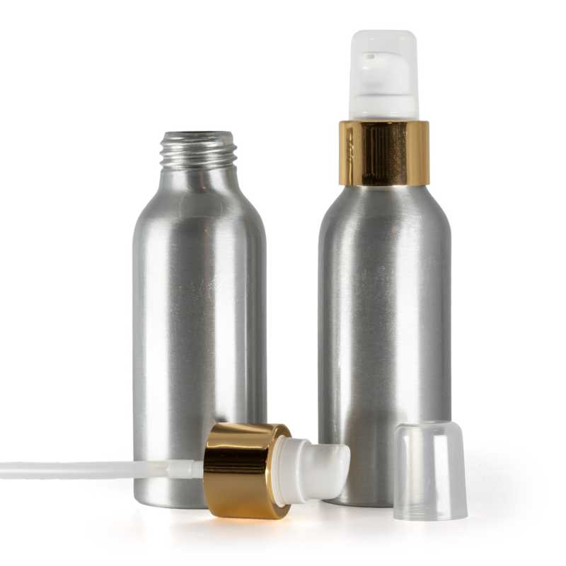 Aluminiumflasche, weiße Lotionpumpe mit Überkappe, goldglänzend, 100 ml
