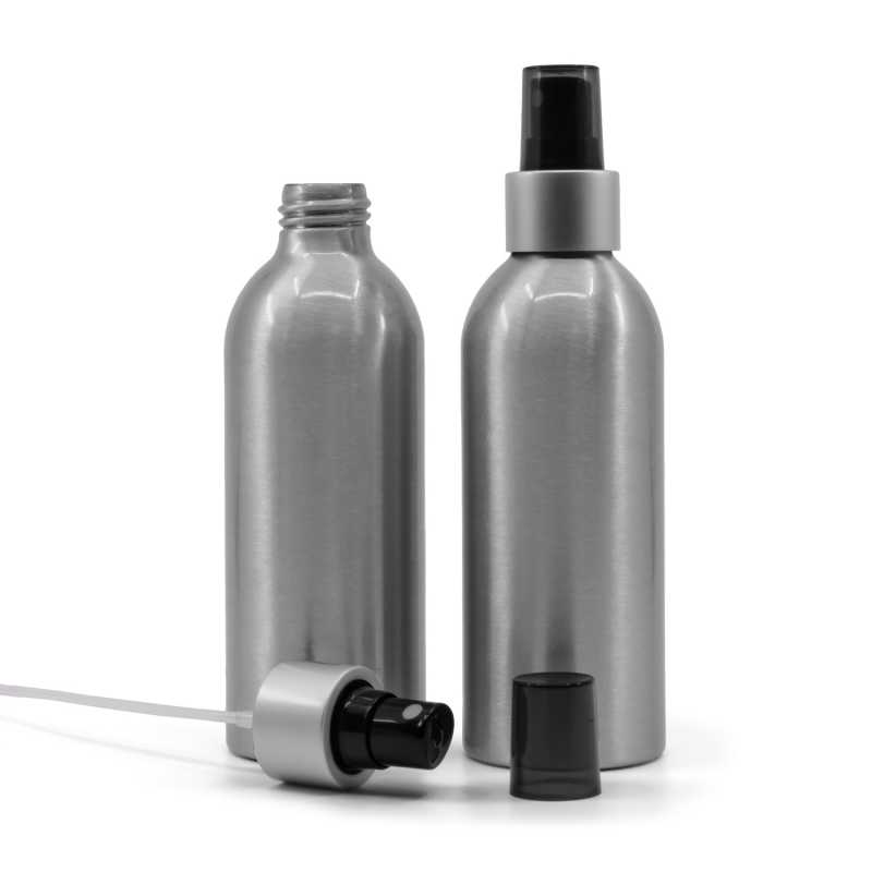 Aluminiumflasche, schwarzes Spray mit mattsilbernem Kragen, rauchfarbener Überkappe, 200 ml