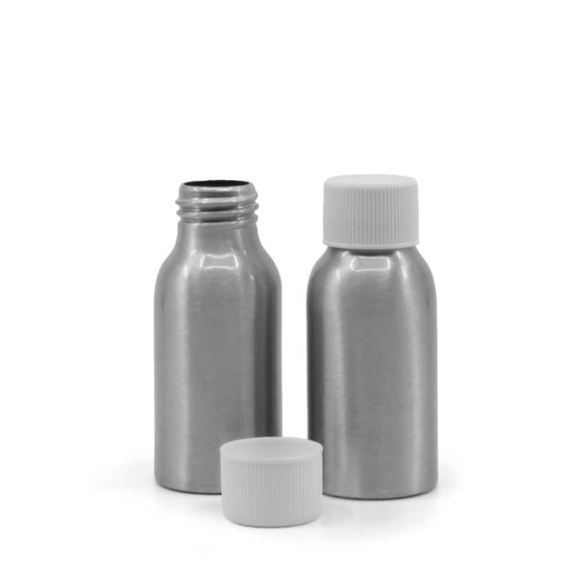 Aluminiumflasche mit weißem Kunststoffdeckel, 50 ml