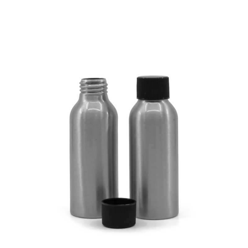 Aluminiumflasche mit schwarzem gerippten Kunststoffdeckel, 100 ml