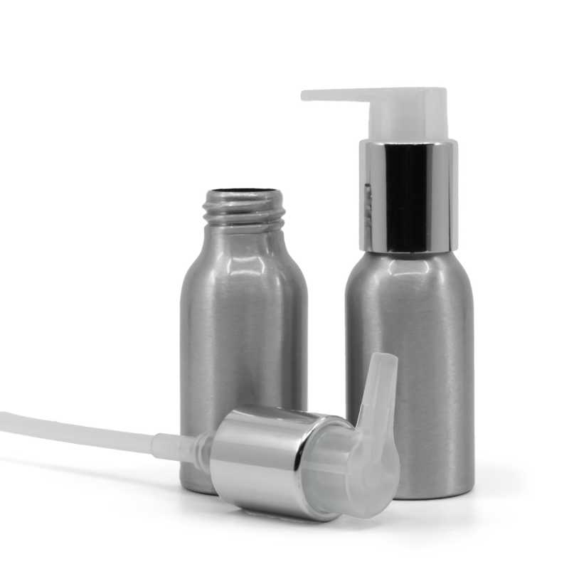 Aluminiumflasche, silberglänzende Pumpe, 50 ml