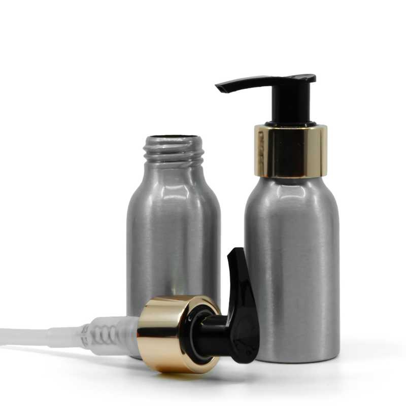 Aluminiumflasche 50 ml, goldene Pumpe
