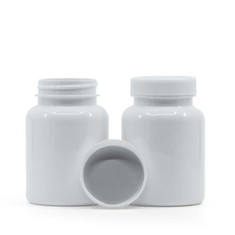 Weißes Kunststoff-Pillenglas, weißer Deckel, Induktions-Innendruck, 150 ml