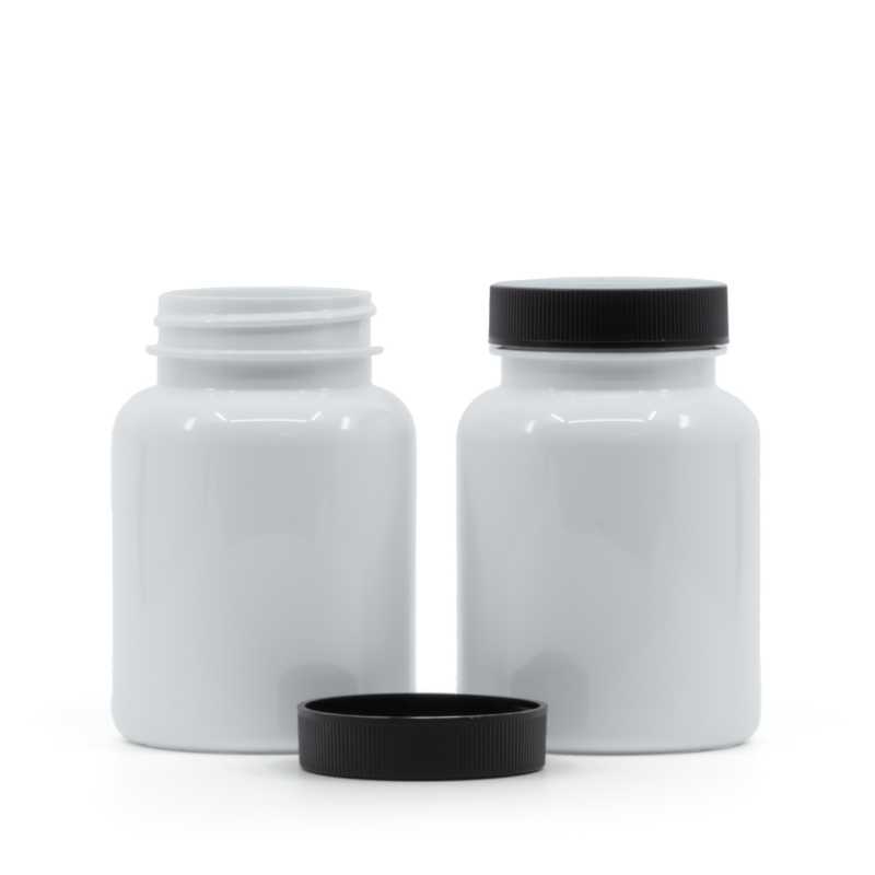 Weißes Kunststoff-Pillenglas mit schwarzem Deckel, 150 ml
