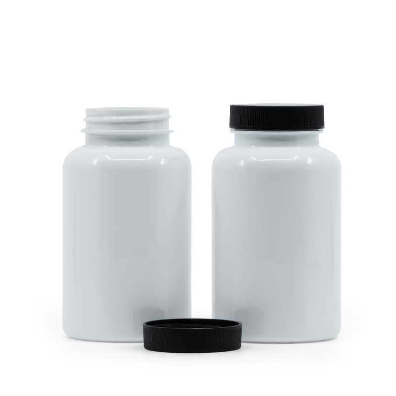 Weißes Kunststoff-Pillenglas mit schwarzem Deckel, 250 ml