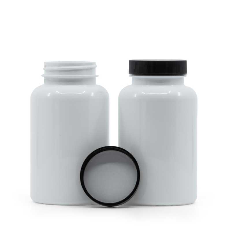 Weißes Kunststoff-Pillenglas, schwarzer Deckel, induktionsgeeignet, 250 ml