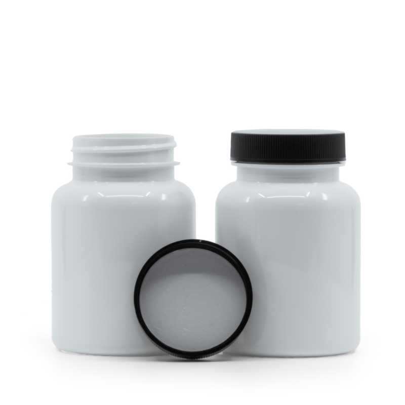 Weißes Kunststoff-Pillenglas, schwarzer Deckel, Induktions-Innendruck, 150 ml