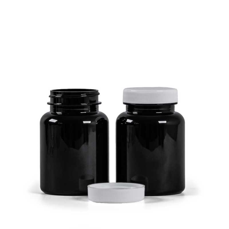 Schwarzes Kunststoff-Pillenglas mit weißem Deckel, 150 ml