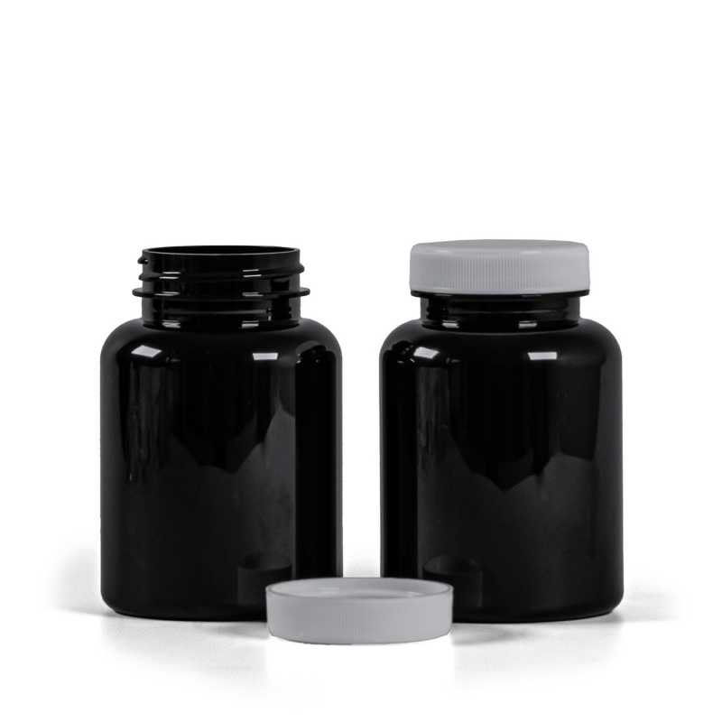 Schwarzes Kunststoff-Pillenglas mit weißem Deckel, 200 ml