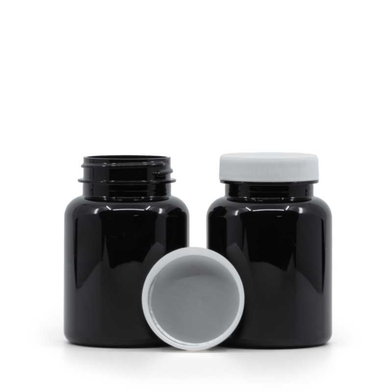 Schwarzes Kunststoff-Pillenglas, weißer Deckel, induktionsgeeignet, 150 ml