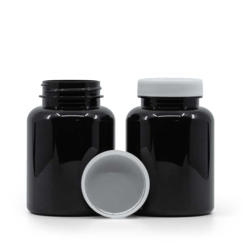 Schwarzes Kunststoff-Pillenglas, weißer Deckel, induktionsgeeignet, 200 ml