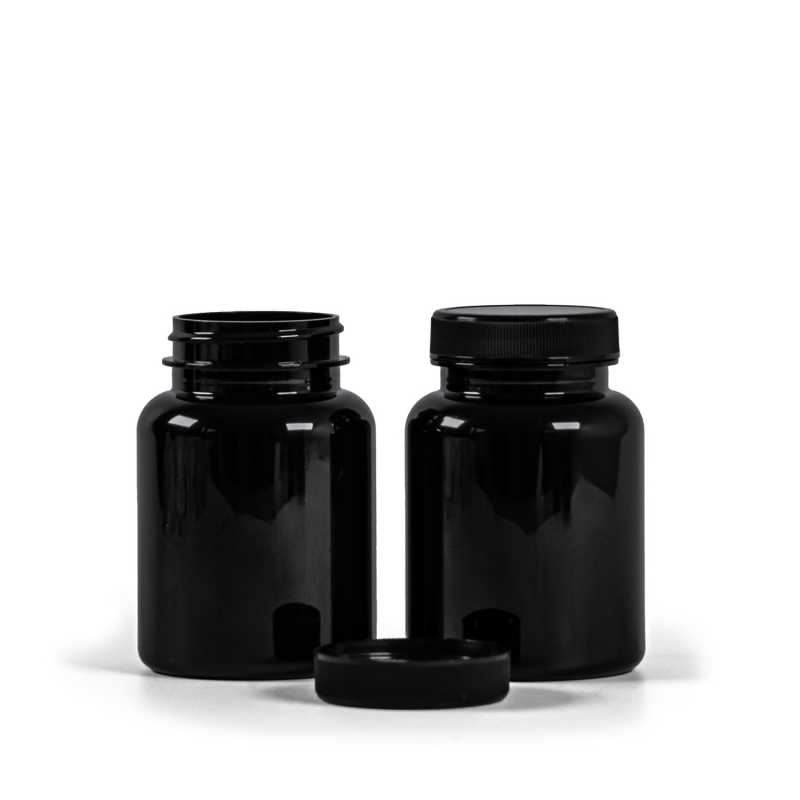 Schwarzes Kunststoff-Pillenglas mit schwarzem Deckel, 150 ml