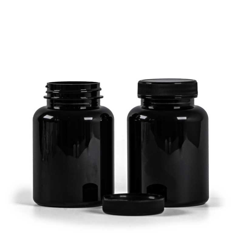 Schwarzes Kunststoff-Pillenglas mit schwarzem Deckel, 200 ml