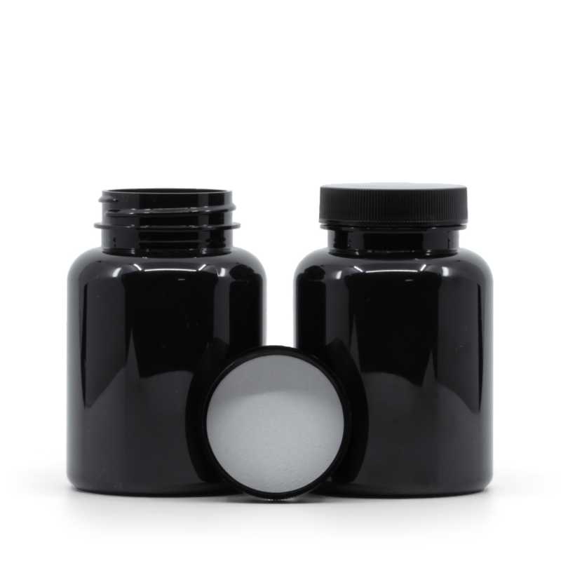 Schwarzes Kunststoff-Pillenglas, schwarzer Deckel, induktionsgeeignet, 200 ml