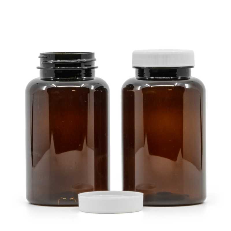 Bernsteinfarbenes Kunststoff-Pillenglas mit weißem Deckel, 250 ml