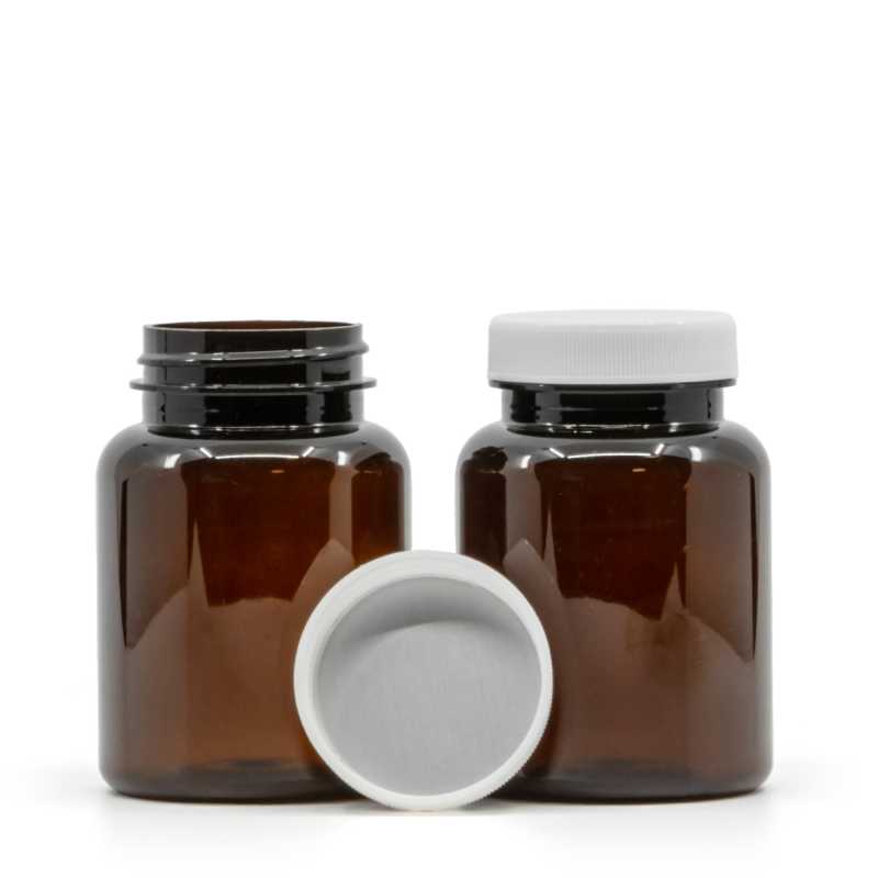 Bernsteinfarbenes Pillenglas aus Kunststoff, weißer Deckel, Induktionserwärmung, 150 ml