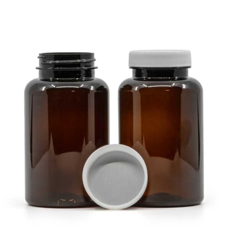 Bernsteinfarbenes Pillenglas aus Kunststoff, weißer Deckel, Induktionserwärmung, 250 ml