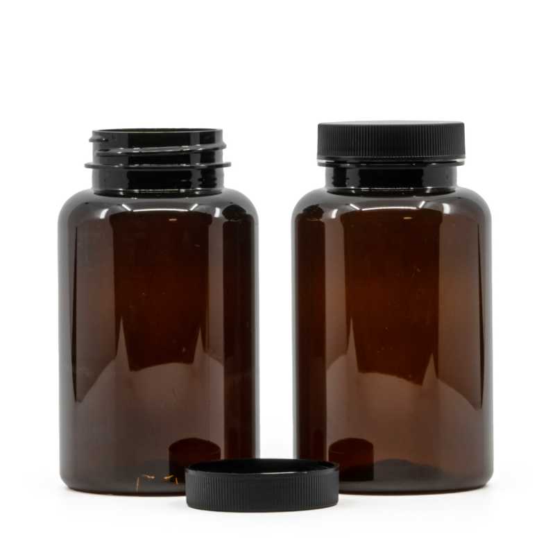 Bernsteinfarbenes Kunststoff-Pillenglas mit schwarzem Deckel, 250 ml