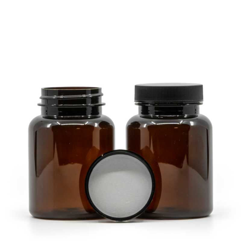 Bernsteinfarbenes Kunststoff-Pillenglas, schwarzer Deckel, induktionsgeeignet, 150 ml