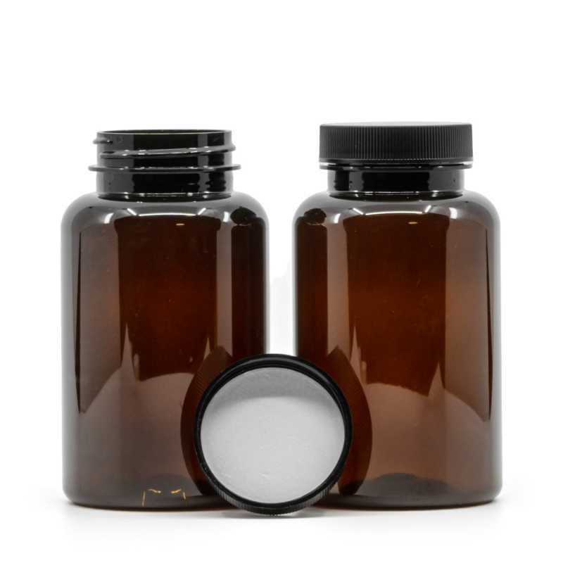 Bernsteinfarbenes Kunststoff-Pillenglas, schwarzer Deckel, induktionsgeeignet, 250 ml