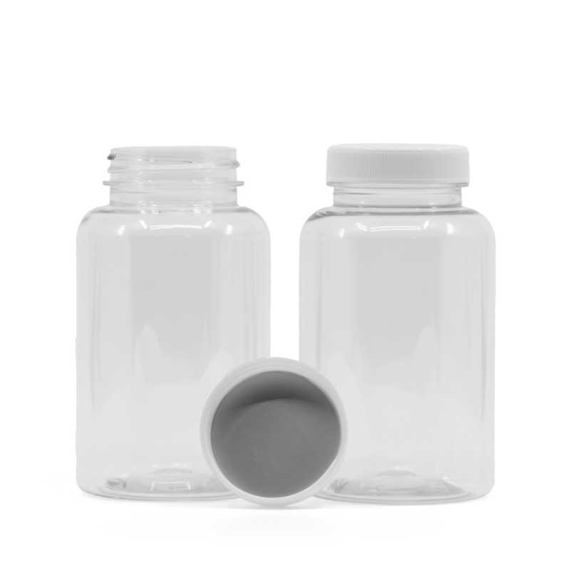 Klarer Kunststoff-Pillenbehälter, weißer Deckel, induktionsgeeignet, 250 ml