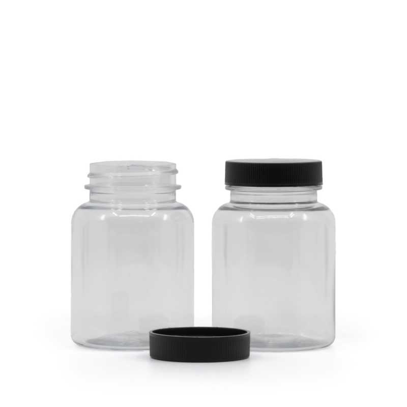 Klarer Kunststoff-Pillenbecher mit schwarzem Deckel, 150 ml