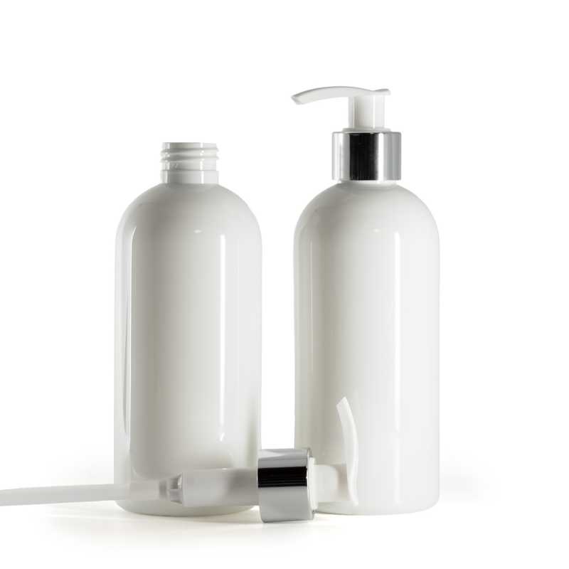 Weiße Kunststoff-Flasche, weiße Lotion-Pumpe mit glänzendem Silberkragen, 300 ml