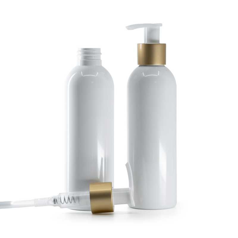 Kunststoffflasche weiß, weißer Spender mit mattgoldener Manschette, 200 ml