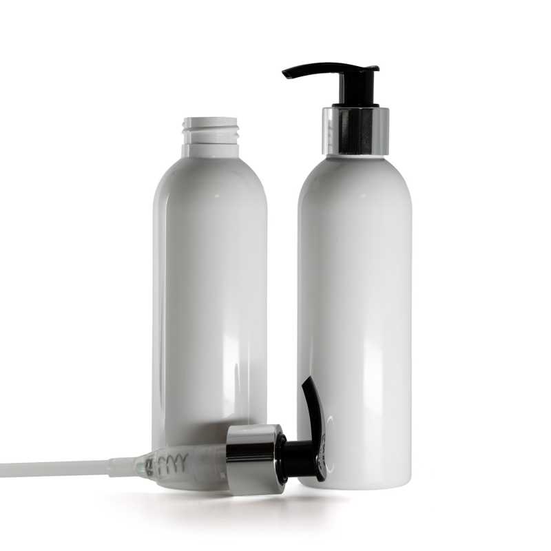Weiße Kunststoff-Flasche, schwarze Lotion-Pumpe mit glänzendem Silberkragen, 200 ml