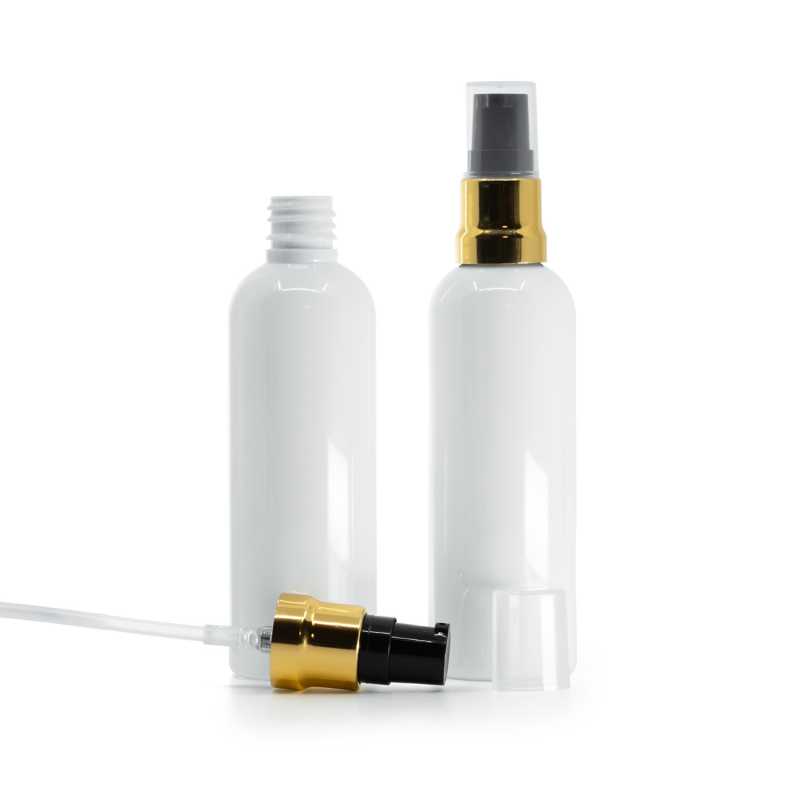 Weiße Kunststoffflasche, glänzende gold-schwarze Pumpe mit durchsichtiger Kappe, 100 ml