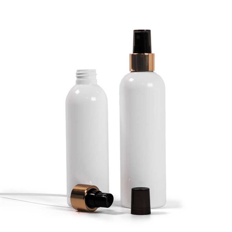 Weiße Kunststoffflasche, schwarzes Spray mit glänzendem Goldkragen, 200 ml