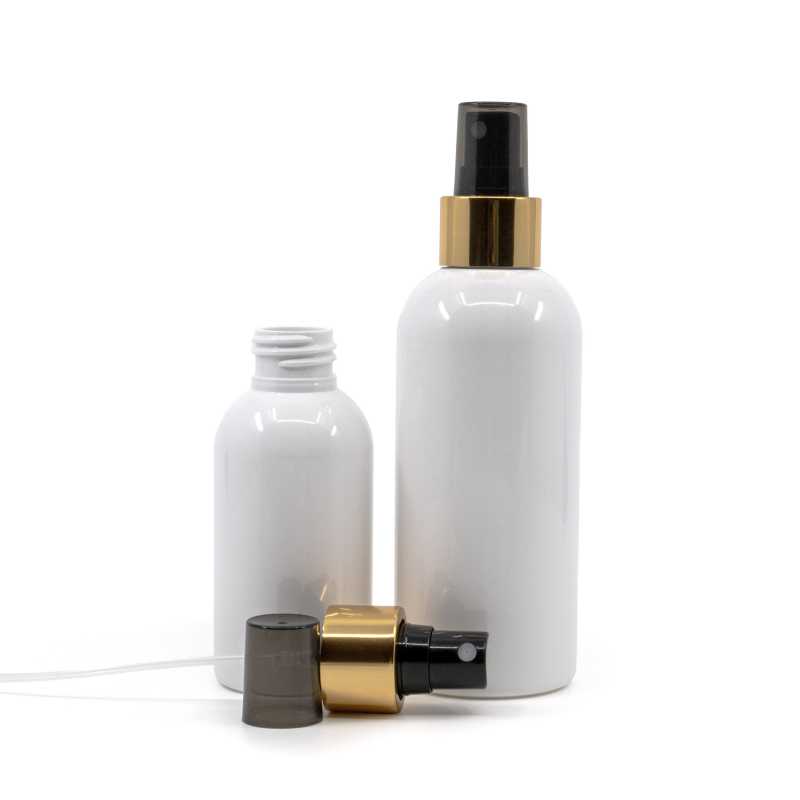 Weiße Kunststoffflasche, schwarzes Spray mit glänzendem Goldkragen, 300 ml