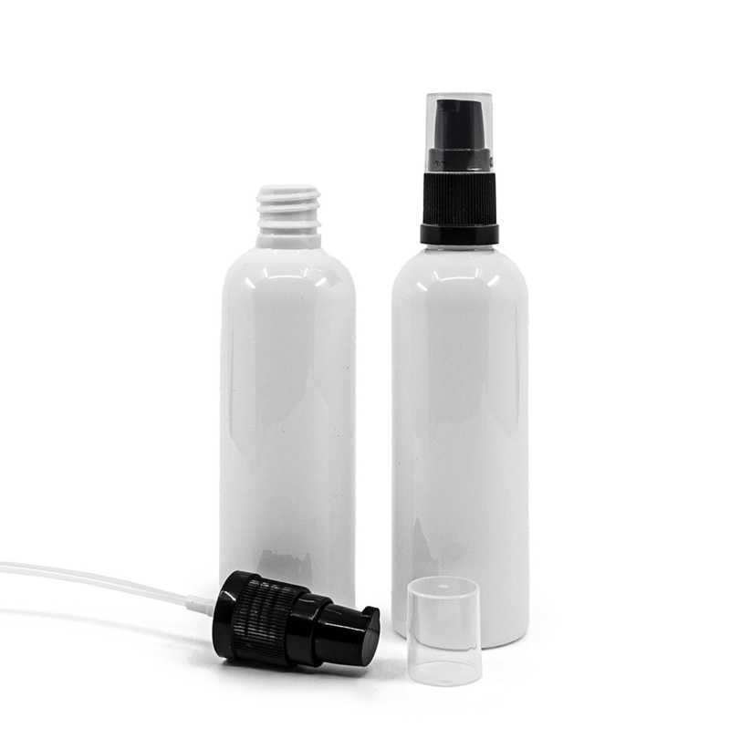 Weiße Kunststoffflasche, 18/410, schwarze Lotionpumpe, 100 ml