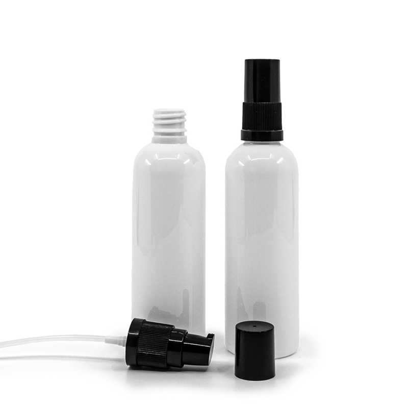 Weiße Kunststoffflasche, 18/410, schwarze Lotion-Pumpe mit schwarzem Überkappe, 100 ml