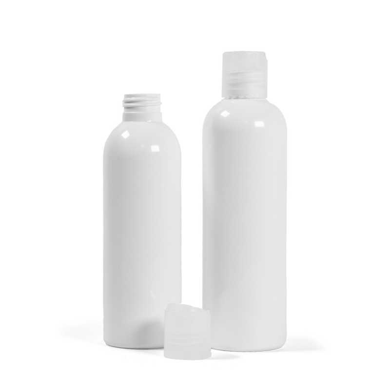 Weiße Kunststoffflasche, transparenter Scheibendeckel, 250 ml