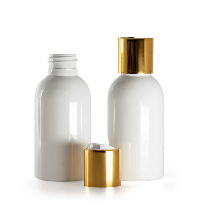 Weiße Kunststoffflasche, weißer Kunststoff-Kippverschluss mit goldenem Aluminiumkragen, 100 ml