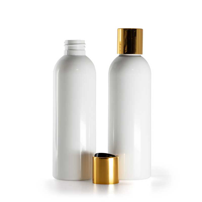Weiße Kunststoffflasche, schwarzer Kunststoff-Kippverschluss mit goldenem Aluminiumkragen, 200 ml
