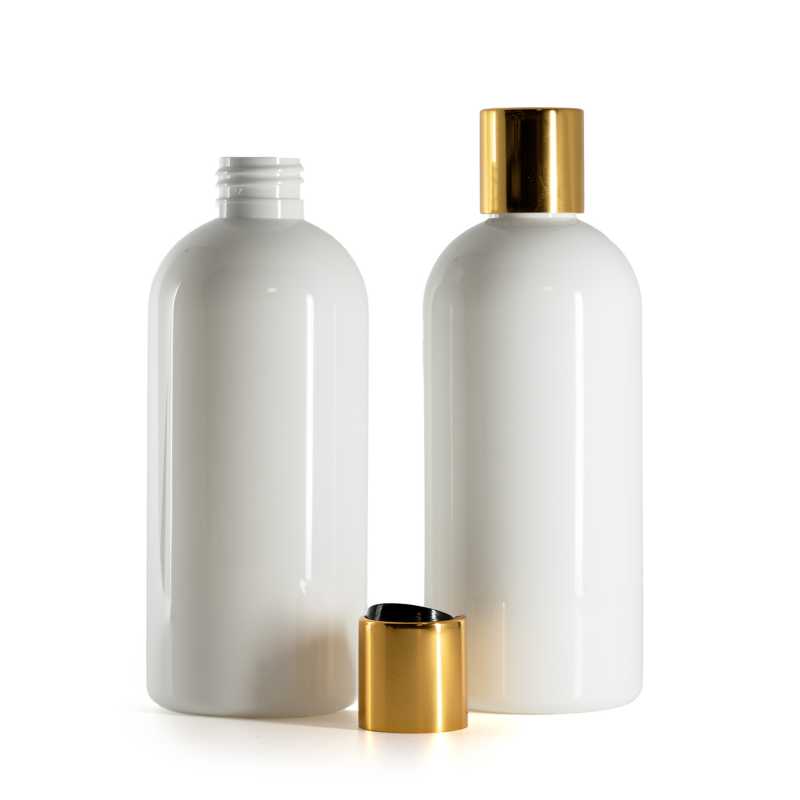 Weiße Kunststoffflasche, schwarzer Kunststoff-Kippverschluss mit goldenem Aluminiumkragen, 300 ml