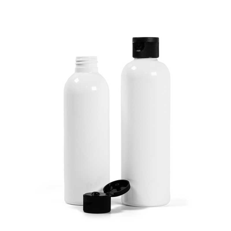 Weiße Kunststoffflasche, schwarzer Flip-Top, 250 ml