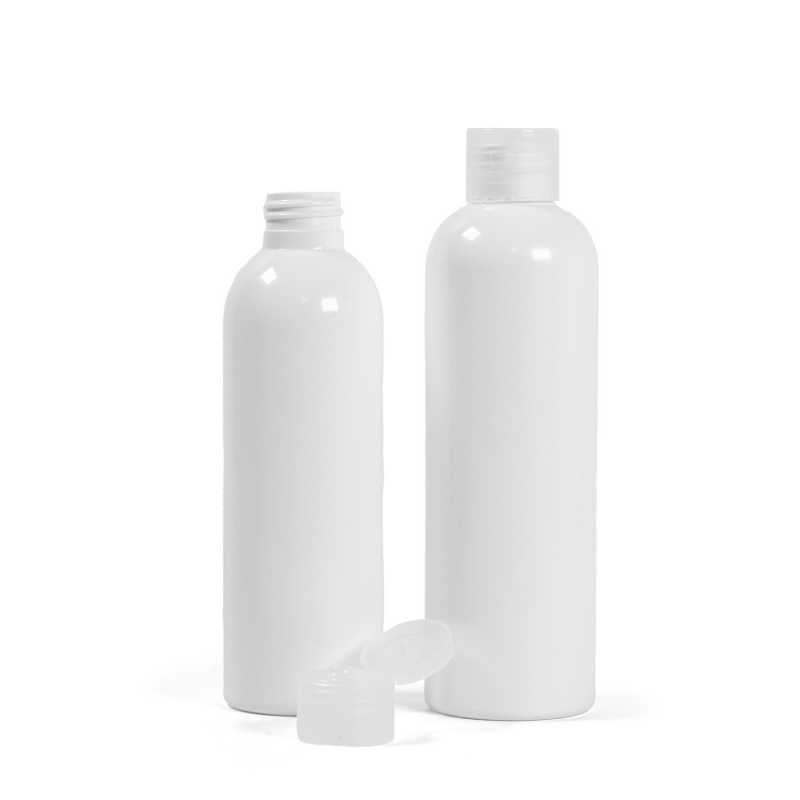 Weiße Kunststoffflasche, transparenter Flip-Top, 250 ml