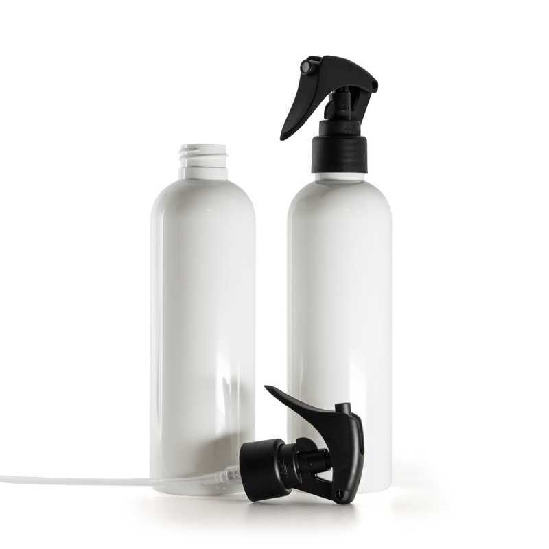 Weiße Kunststoffflasche, Mini-Trigger-Spray, mattschwarz, glatter Kragen, 250 ml