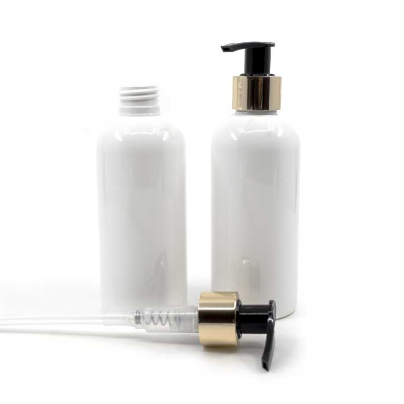 Weiße Kunststoffflasche 300 ml, goldene Pumpe