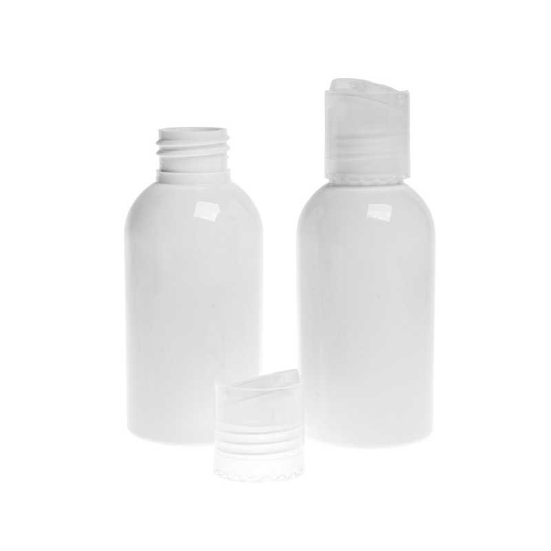 Weiße Kunststoffflasche, transparenter Scheibendeckel, 100 ml